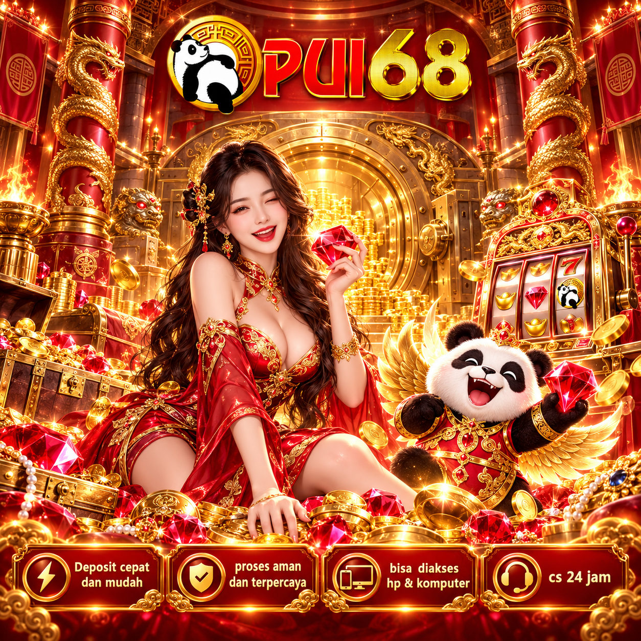 Banner lengkap PUI68 dengan tema merah emas, maskot panda, dan hiburan game digital